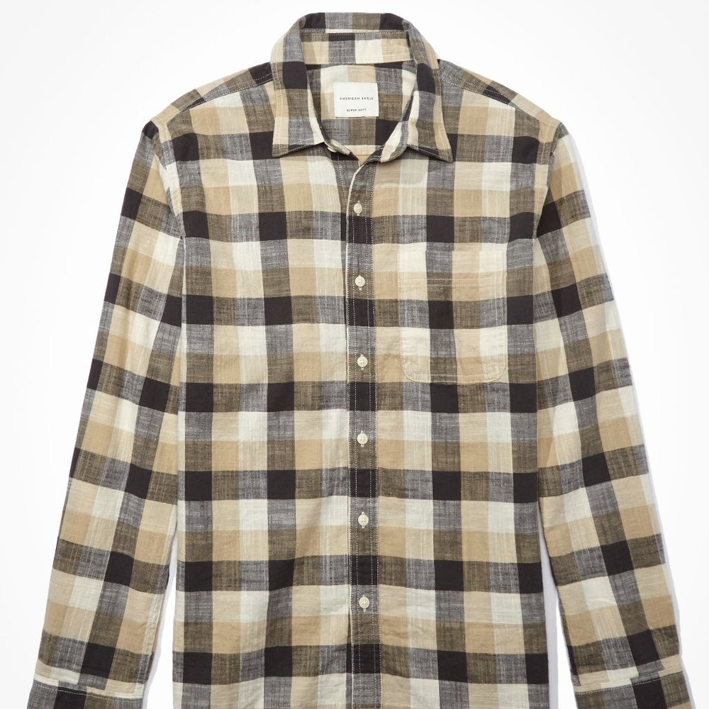 NWT AE Super Soft Everyday Button Up Shirt Tan Plaid XXXL